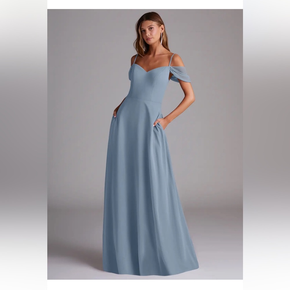 Azazie Dusty Blue Off-Shoulder Spaghetti Strap Maxi Dress